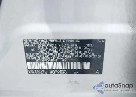 2012 Toyota Rav4 из США, поврежденный, VIN 2T3ZF4DV1CW155546